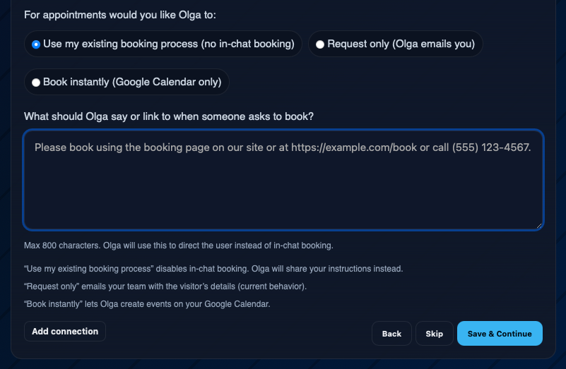 Olga onboarding option showing 'Use my existing booking process' with instructions box