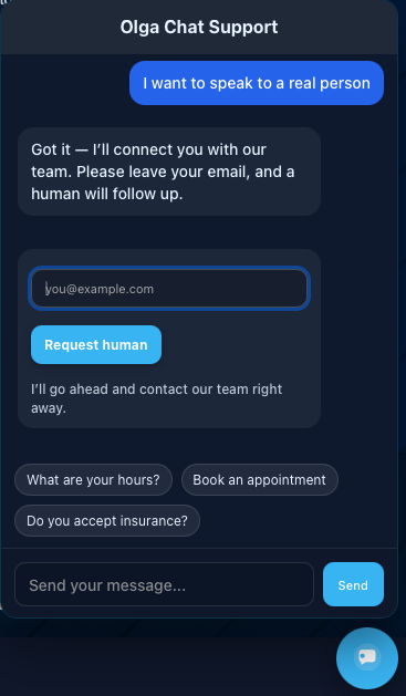 Handoff to human button shown in the Olga chat widget