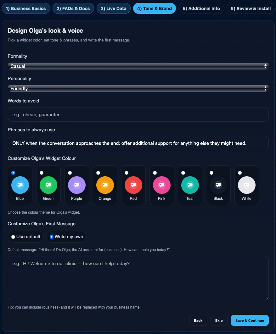 Controls for Olga brand voice and tone configuration